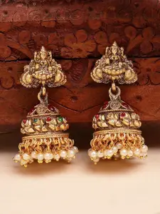 KARATCART Gold-Plated Beaded Laxmi Mata Design Jhumkas