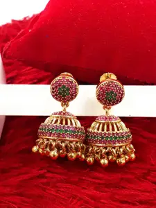 Anujeet Fashion Hub Gold-Plated American Diamond Studded & Beaded Dome Shaped Jhumkas