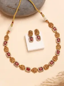 KARATCART Gold Plated Stone Studded Laxmi Mata Temple Necklace and Earrings