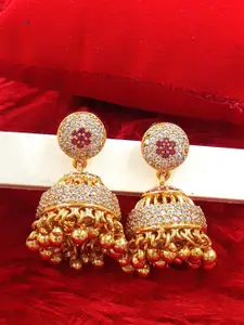 Anujeet Fashion Hub Gold-Plated American Diamond Studded & Beaded Dome Shaped Jhumkas