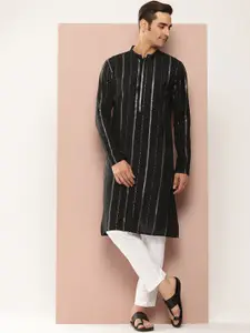 See Designs Mandarin Collar Geometric Embroidered Sequinned Chanderi Silk Straight Kurta