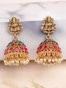 KARATCART Gold-Plated Stone Studded & Beaded Laxmi Mata Design Jhumkas