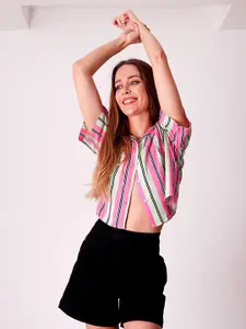 ONLY Women Boxy Fit Striped Crop Casual Shirt