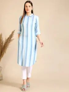 AURELIA Striped Shirt Collar Pure Cotton Pathani Kurta