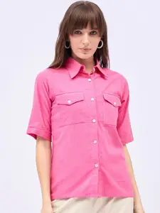 DressBerry Women Classic Fit Spread Collar Solid Cotton Casual Shirt