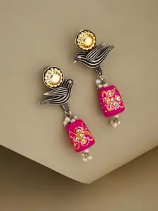 ATIBELLE German Silver-Plated Kundan Stones Studded And Beaded Contemporary Drop Earrings