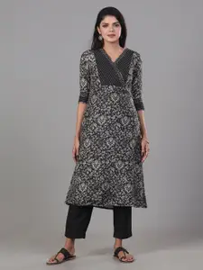 Vismay Floral Printed V-Neck Thread Work Cotton Straight Kurta