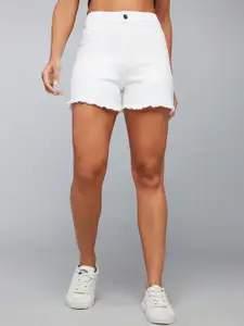 DOLCE CRUDO Women High-Rise Above Knee Frayed Denim Shorts