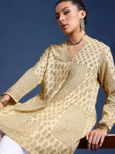 Taavi Pure Cotton Indie-Floral Print V-Neck A-line Block Print Legacy Kurta