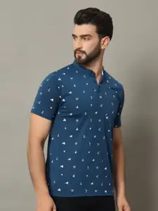 RELANE Men Conversational Printed Mandarin Collar Cotton T-shirt