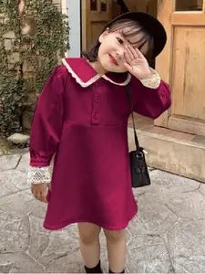 StyleCast x Revolte Girls Solid Cotton Peter Pan Collar Puff Sleeve A-Line Dress