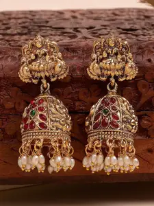 KARATCART Gold-Plated Dome Shaped Artificial Stones Studded Laxmi Mata Jhumkas
