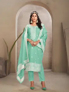 ODETTE Green Organza Floral Embroidered Semi-Stitched Dress Material