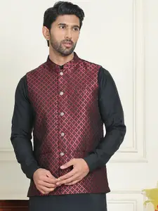Anouk Woven Design Mandarin Collar Neck Nehru Jacket