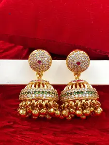 Anujeet Fashion Hub Gold-Plated American Diamond Studded & Beaded Dome Shaped Jhumkas