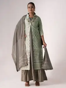 ODETTE Grey & green Art Silk Floral Printed & Embroidered Semi-Stitched Dress Material