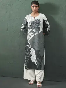 Anouk Black Floral Printed Pure Cotton Beads And Stones Keyhole Neck Straight Kurta