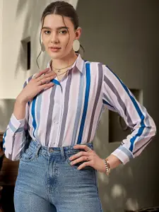 DressBerry Women Relaxed Fit Spread Collar Vertical Striped Casual Shirt