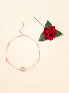 Peora Rose Gold-Plated Cubic Zirconia Studded Anklet With Red Rose