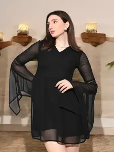 IUGA  Women Solid Bell Sleeve Georgette Fit and Flare Dress