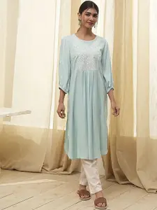 Biba Floral Embroidered Round Neck A-line Kurta
