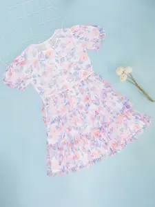 Pantaloons Junior Girls Floral Printed Round Neck Puff Sleeves Fit & Flare Dress