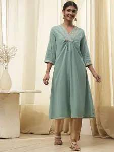 Biba Zari Embroidered V-NECK A-Line Kurta