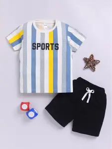 LITTLE NINJA Boys Striped Round Neck Pure Cotton T-Shirt With Shorts