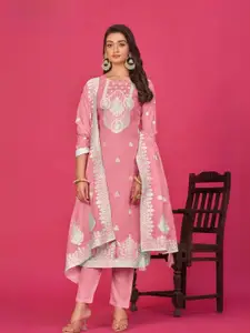 ODETTE Blush Pink Organza Floral Embroidered Semi-Stitched Dress Material