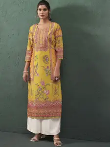 Anouk Mustard Ethnic Motifs Printed Mirror Work Notch-Neck Straight Kurta