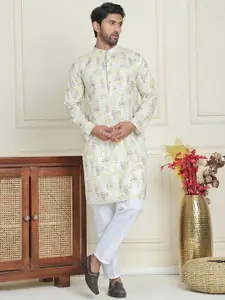 Anouk Yellow Geometric Embroidered Sequinned Mandarin Collar Straight Kurta With Pyjamas