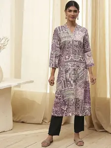 Biba Abstract Printed V-Neck Straight Kurta