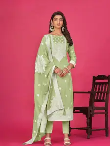 ODETTE Light Green Organza Floral Embroidered Semi-Stitched Dress Material