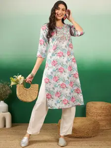 Sangria Floral Printed Yoke Thread Work Straight Kurta