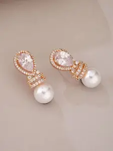 ATIBELLE Rose Gold Plated Cubic Zirconia Stones Studded & Beaded Drop Earrings