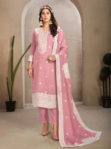 ODETTE Floral Embroidered Sequinned Organza Semi-Stitched Dress Material