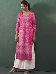 Anouk Pink Ethnic Motifs Printed Mirror Work Round-Neck Straight Kurta