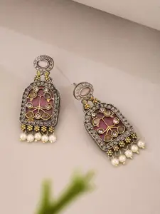 ATIBELLE German Silver Plated Artificial Stones Studded & Beaded Drop Earrings