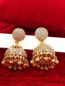 Anujeet Fashion Hub Gold-Plated American Diamond Studded & Beaded Dome Shaped Jhumkas