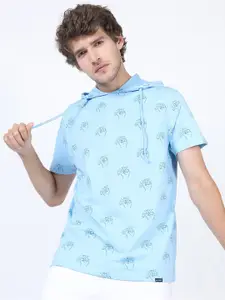 HIGHLANDER Men Blue Typography Printed Slim Fit Pure Cotton Hooded T-shirt