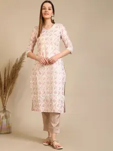 AURELIA  Ethnic Motifs Printed Sequinned v-Neck Pure Cotton Straight Kurta