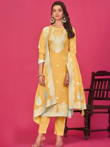 ODETTE Yellow Organza Floral Embroidered Beads and Stones Semi-Stitched Dress Material