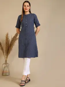 AURELIA Geometric Printed Pure Cotton Thread Work Mandarina Collar Straight Kurta