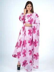 Raiyani Fashion Floral Printed Round Neck Fit & Flare Maxi Dress With Dupatta