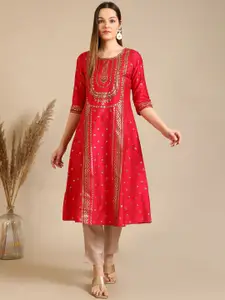 AURELIA Floral Printed Round Neck A-Line Kurta