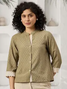 DressBerry Women Comfort Fit Mandarin Collar Textured Casual Shirt