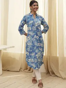 Biba Women Floral Printed Shirt Collar Pure Cotton Straight Kurta