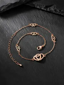 Peora Rose Gold-Plated Cubic Zirconia Studded Anklet With Red Rose