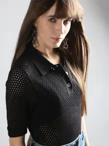 Vero Moda Women Self Design Shirt Collar Cotton Top