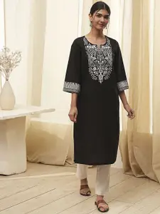 Biba Floral Printed Notch Neck Pure Cotton Straight Kurta